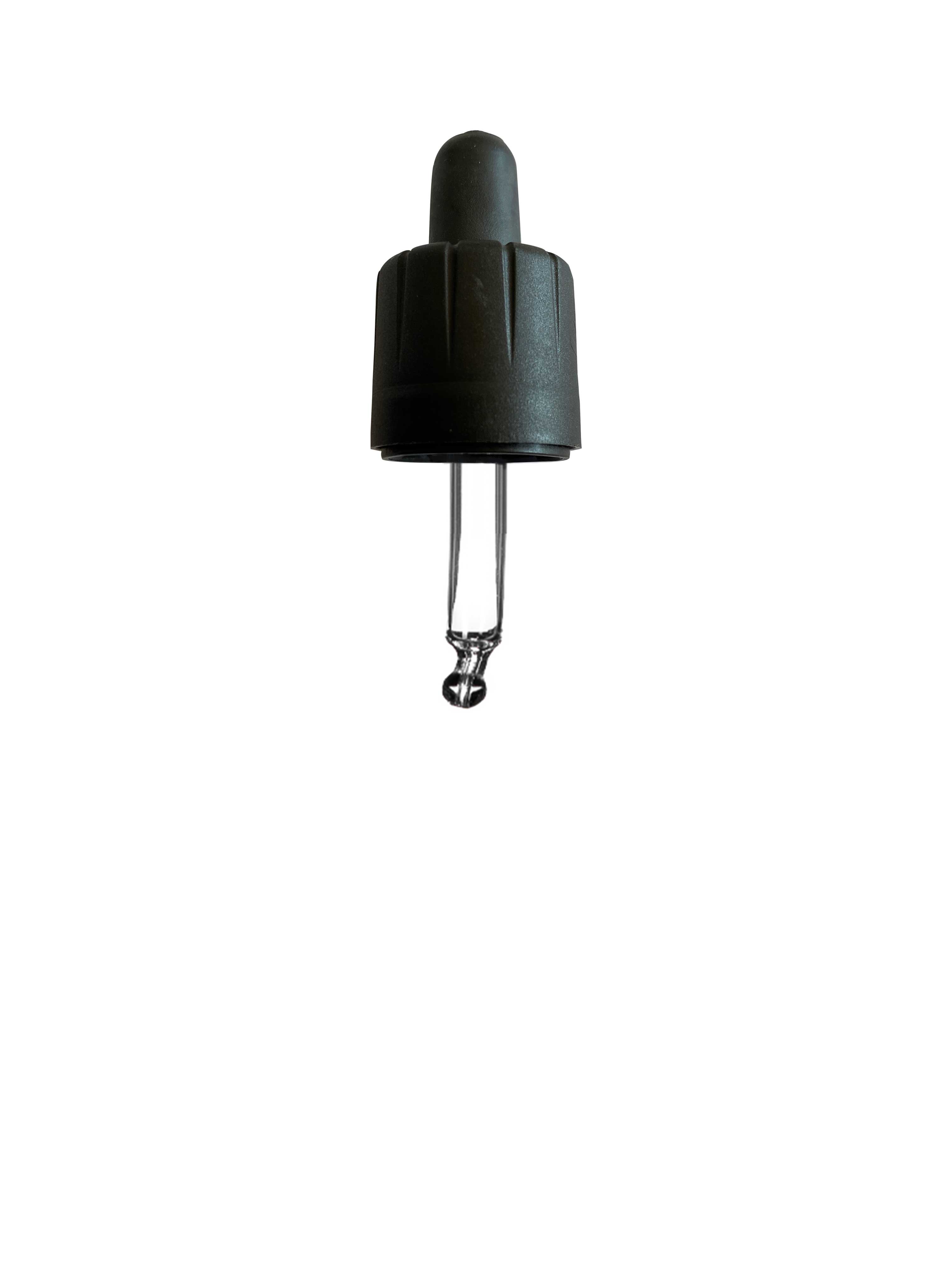 Child-resistant pipette series II, DIN18, tamper-evident, PP/PEHD,black matt, fine ribbed, black bulb TPE 0.7 ml, ball tip, bent (for Orion 5 ml)