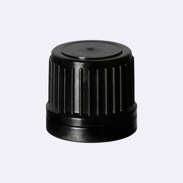Dropper cap series II, DIN18, tamper-evident, PP, black, ribbed with natural vertical dropper PELD 0.7 mm, type S-I