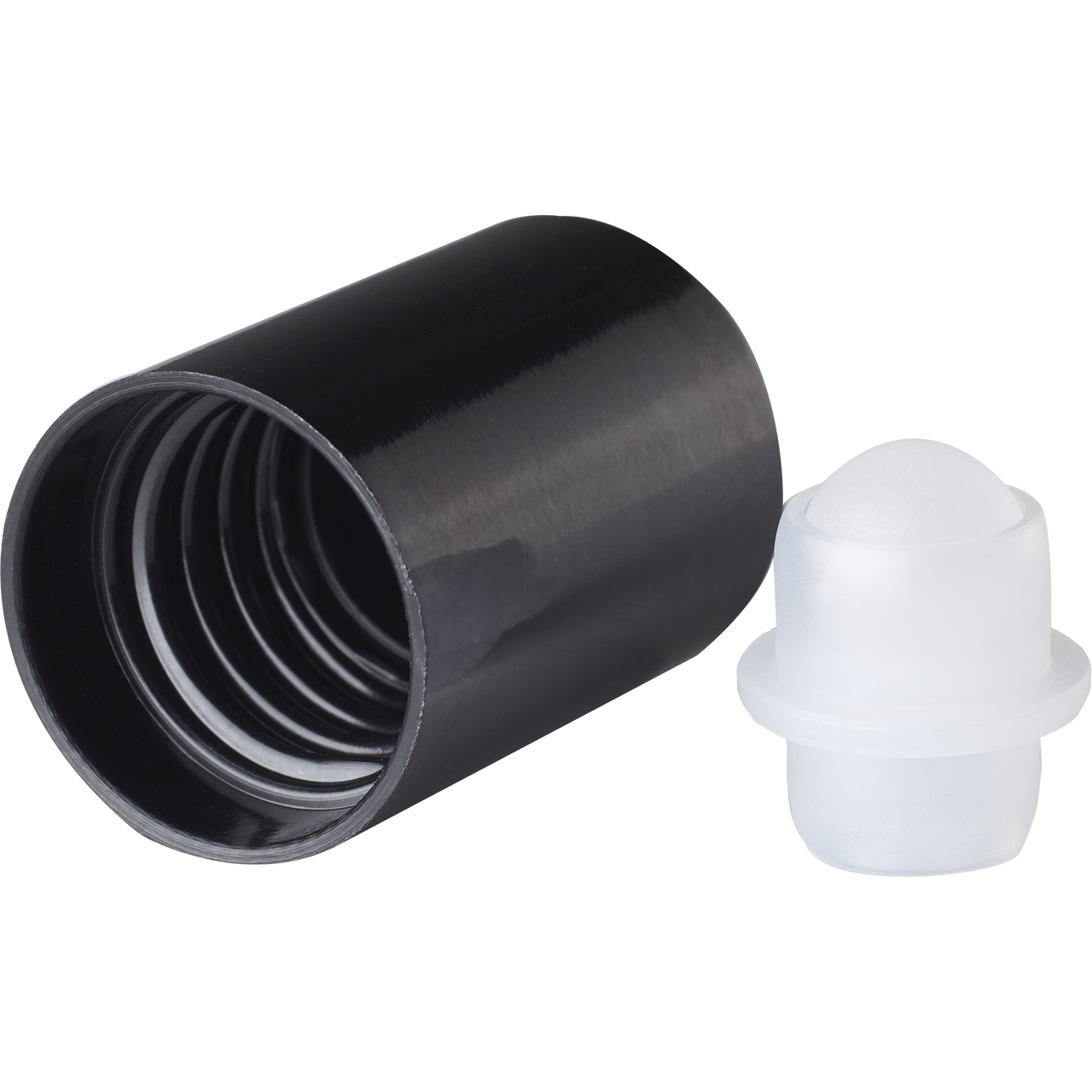 Roll-on cap DIN18, PP, black, natural fitment with white matt plastic ball, black cap (for Orion 5-100 ml)