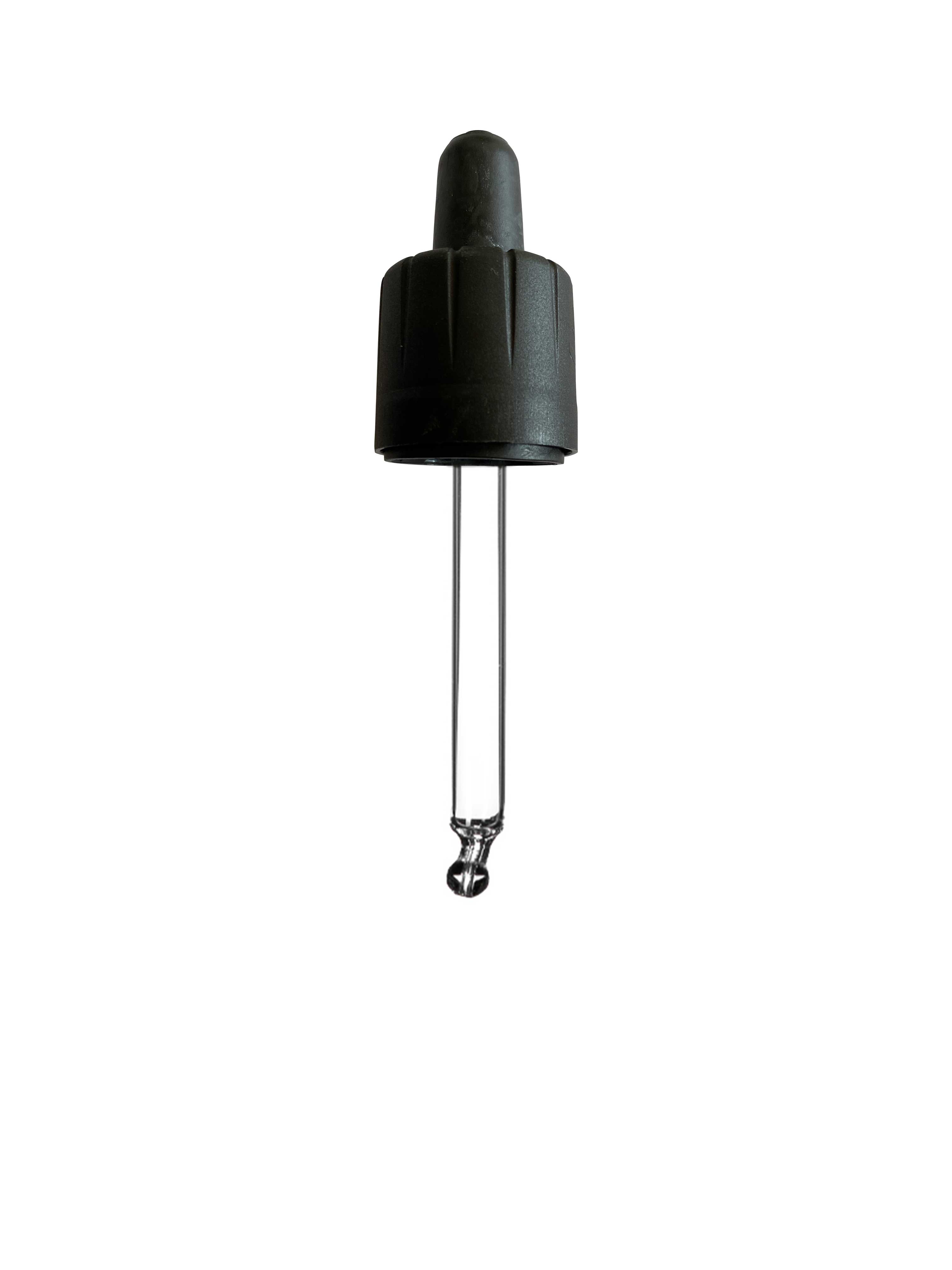 Child-resistant pipette series II, DIN18, tamper-evident, PP/PEHD, black matt, fine ribbed, black bulb TPE 0.7 ml, ball tip, bent (for Orion 20 ml)