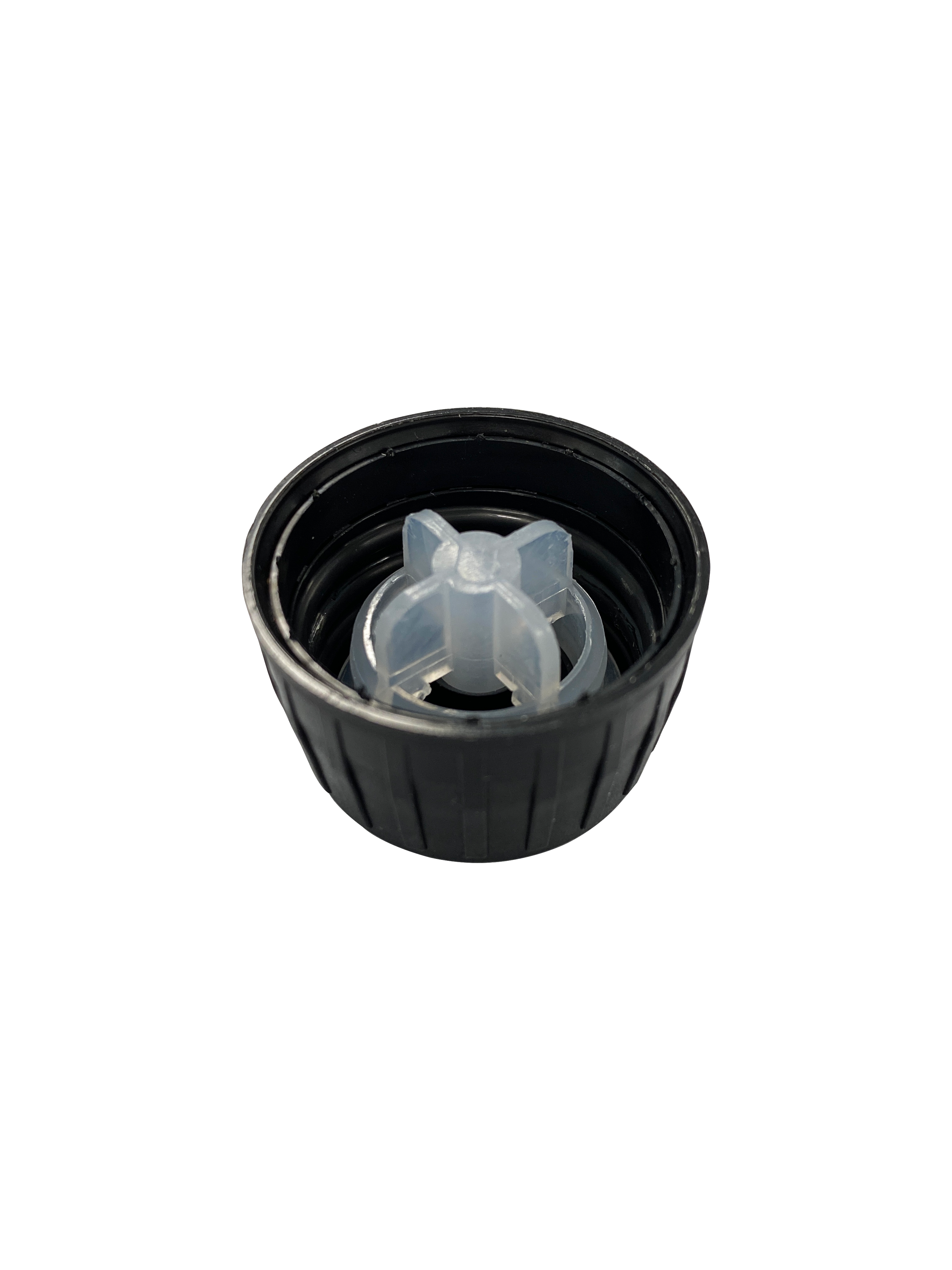Pourer cap series III, PP28, tamper-evident, PP, black, ribbed with natural pourer (for Aquarius 100 ml - 500 ml)