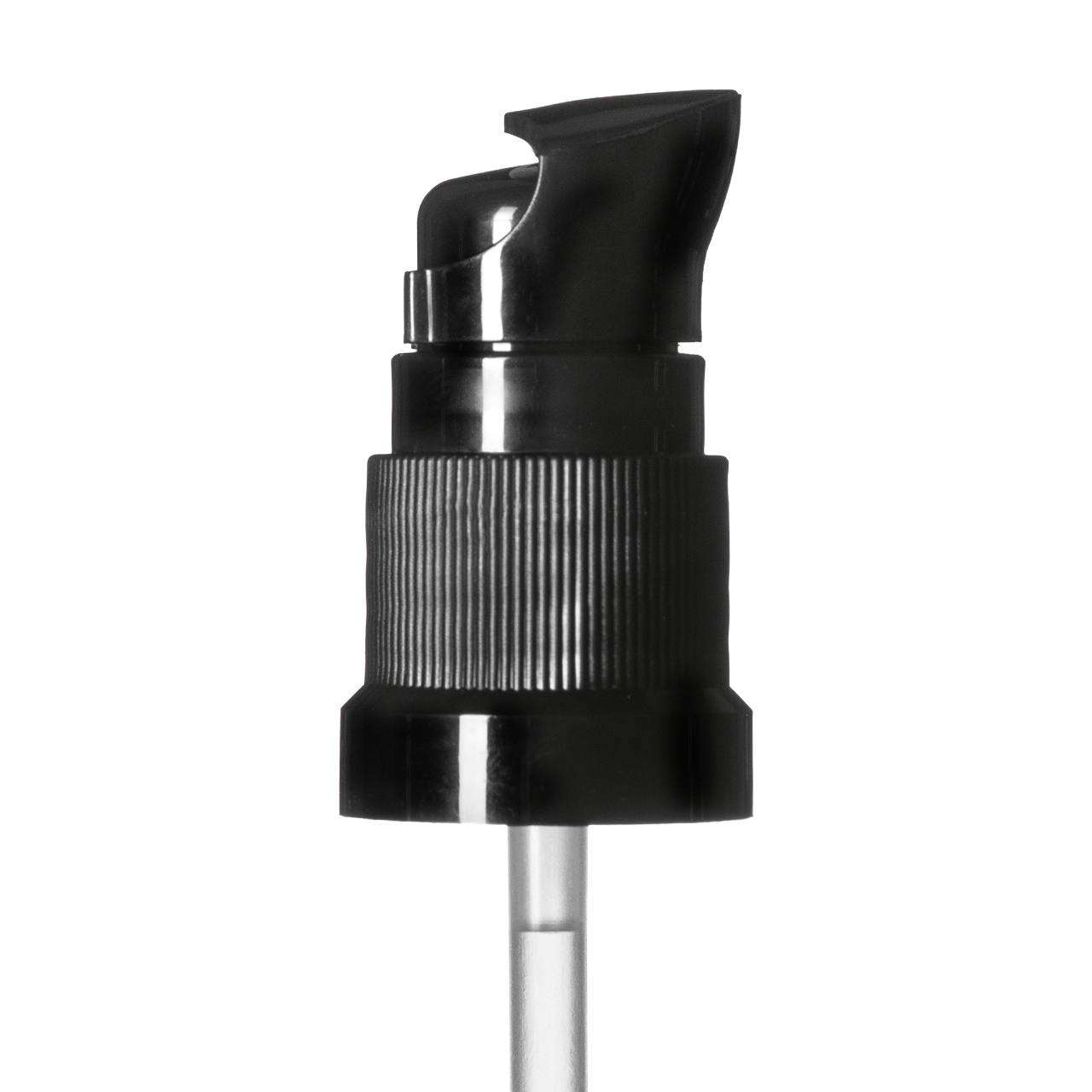 Lotion pump Metropolitan DIN18, PP, black, ribbed, dose 0.14 ml, with security clip (for Orion 5-100 ml)