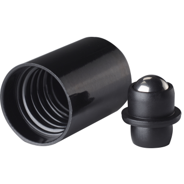 Roll-on cap DIN18, PP, black fitment, polished glass ball, black cap (Orion)