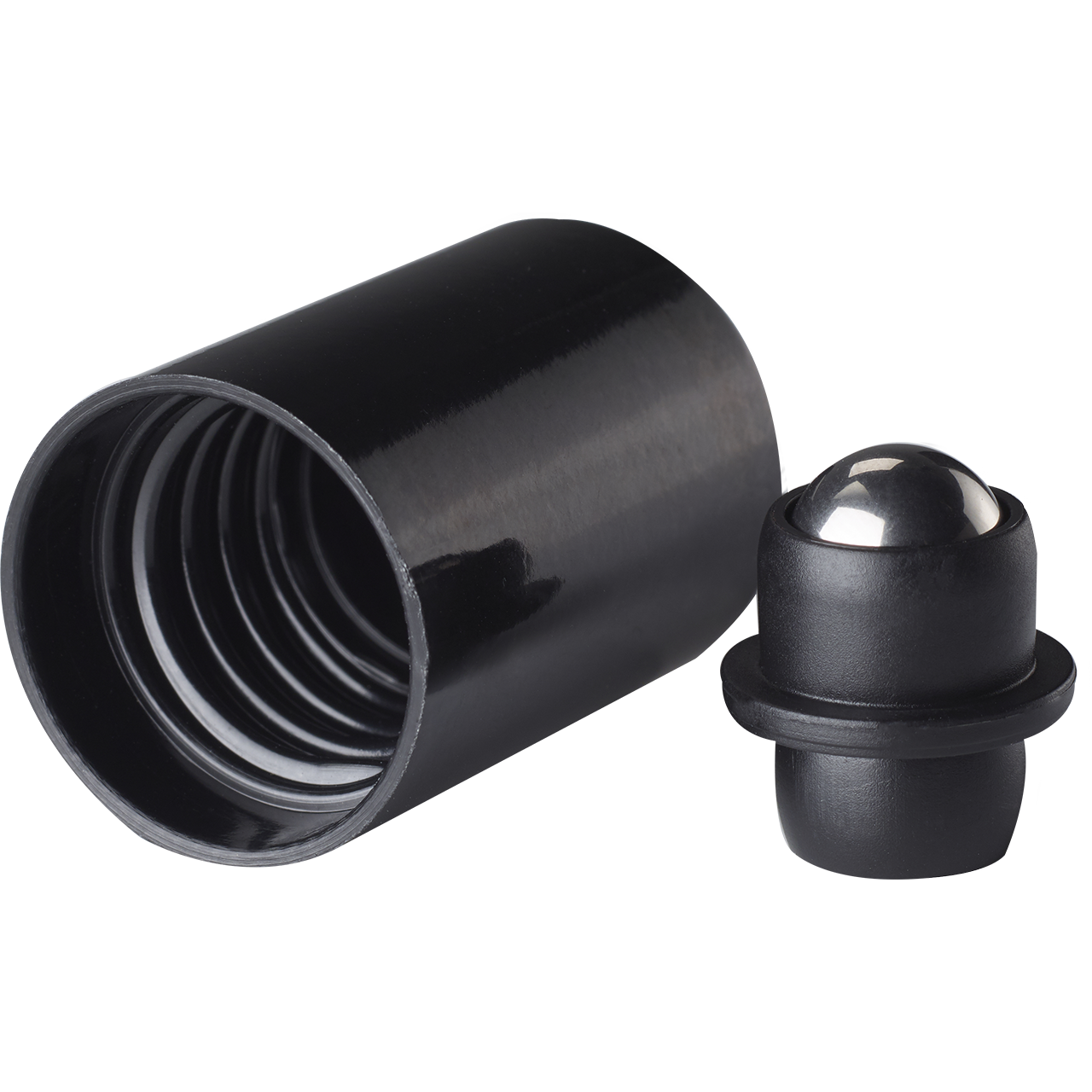 Roll-on cap DIN18, Urea, black fitment with stainless steel ball, black cap (for Orion 5-100 ml)