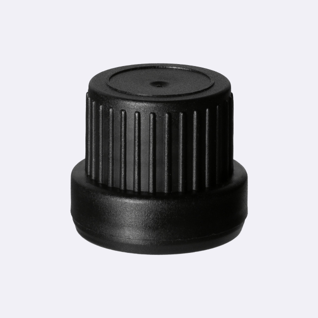 Pourer cap series III, DIN18, tamper-evident, PP, black matt, ribbed with natural pourer PELD (for Orion 5-100 ml)