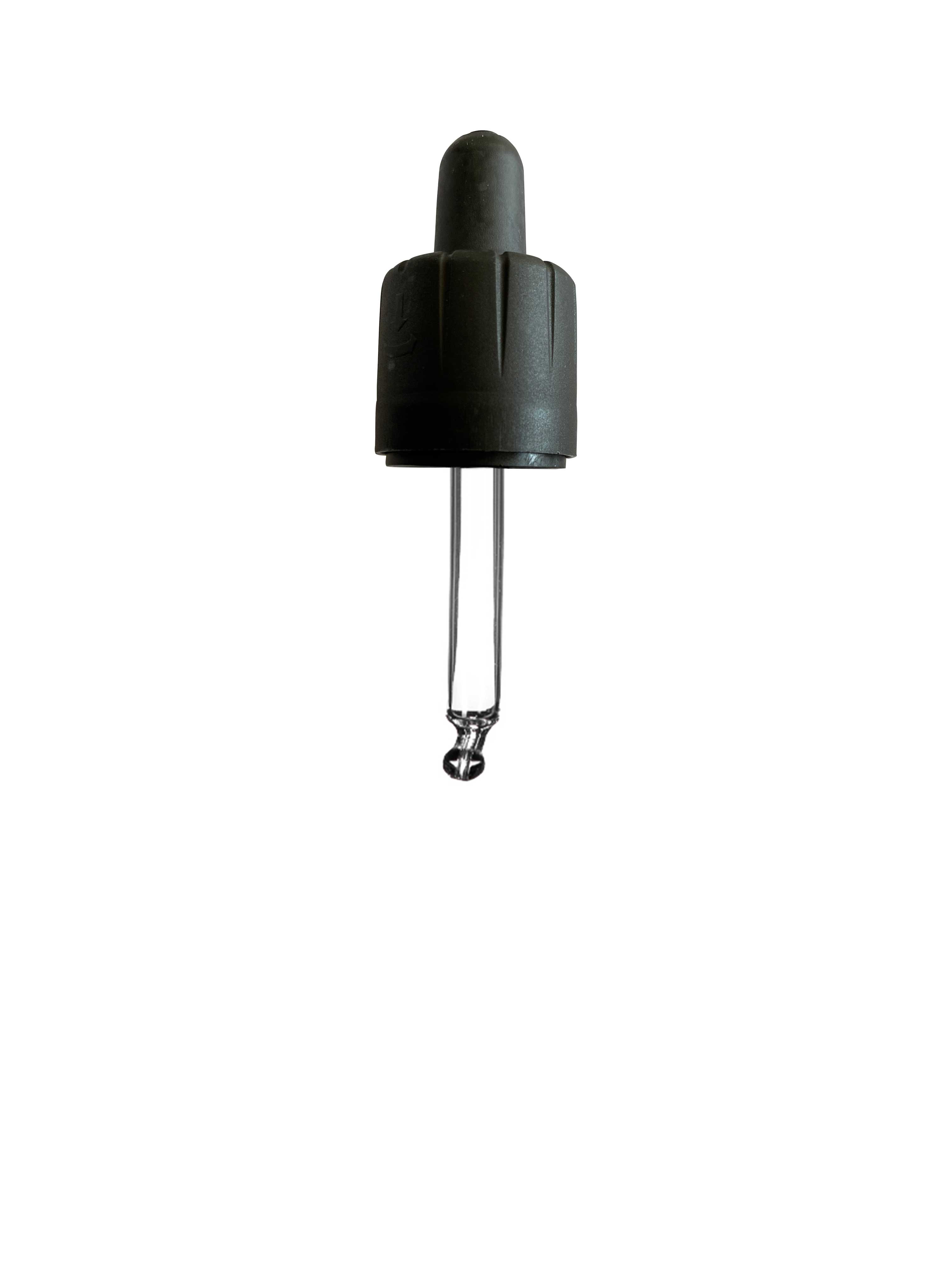 Child-resistant pipette series II, DIN18, tamper-evident, PP/PEHD, black matt, fine ribbed, black bulb TPE 0.7 ml, ball tip, bent (for Orion 10 ml - h63)
